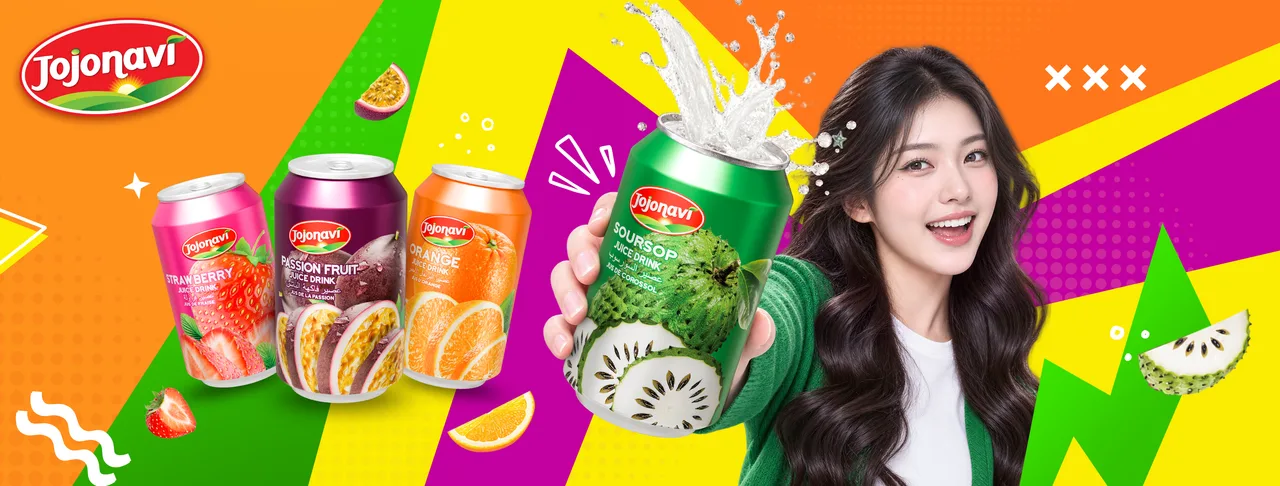 JOJONAVI fruit drinks in a colourful tropical campaign